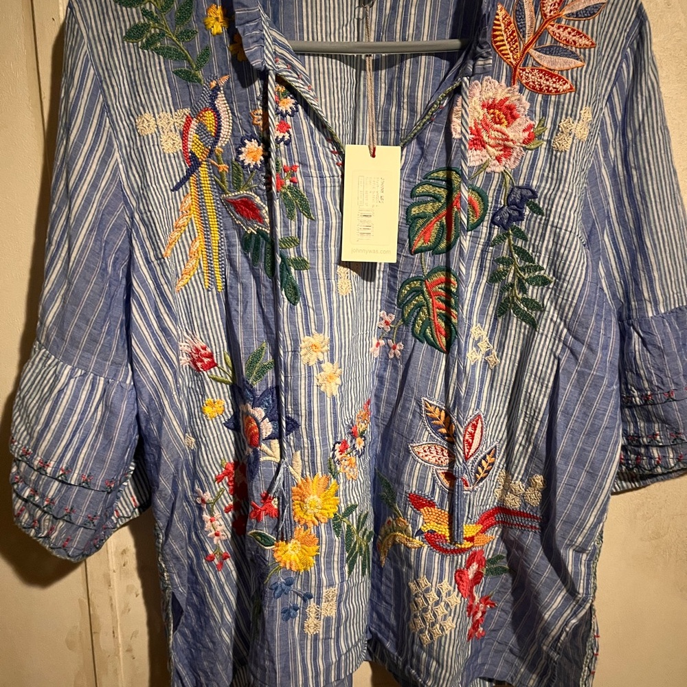 Floral Embroidered StripeJohnny Was Blouse NWT